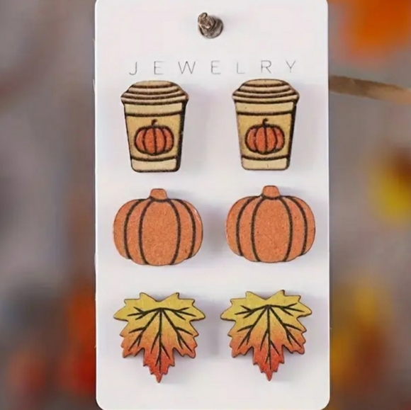 NEW Pumpkin Maple Leaf and Coffee Wooden Earrings Fall Autumn - Picture 3 of 3